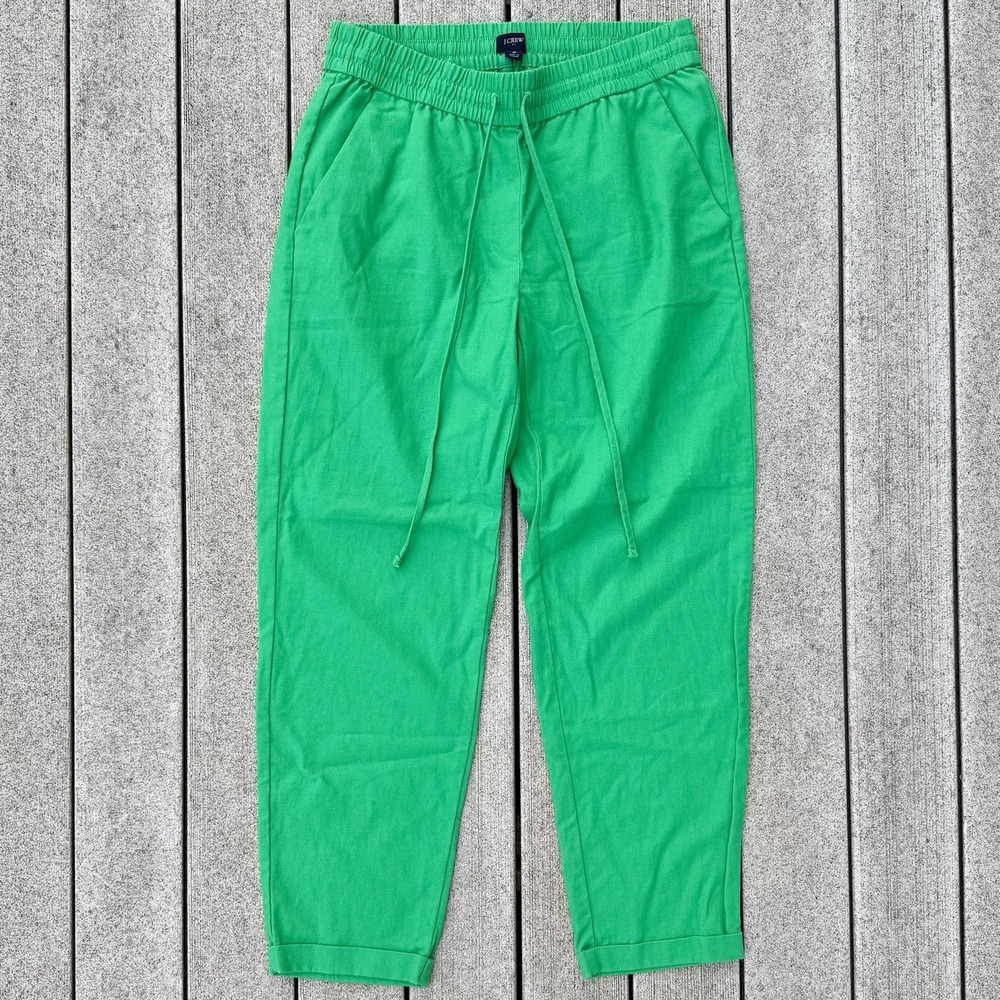 J. Crew Linen Cotton Cuff Pants Women Sz 2 Kelly Green Drawstring Slim Stretch